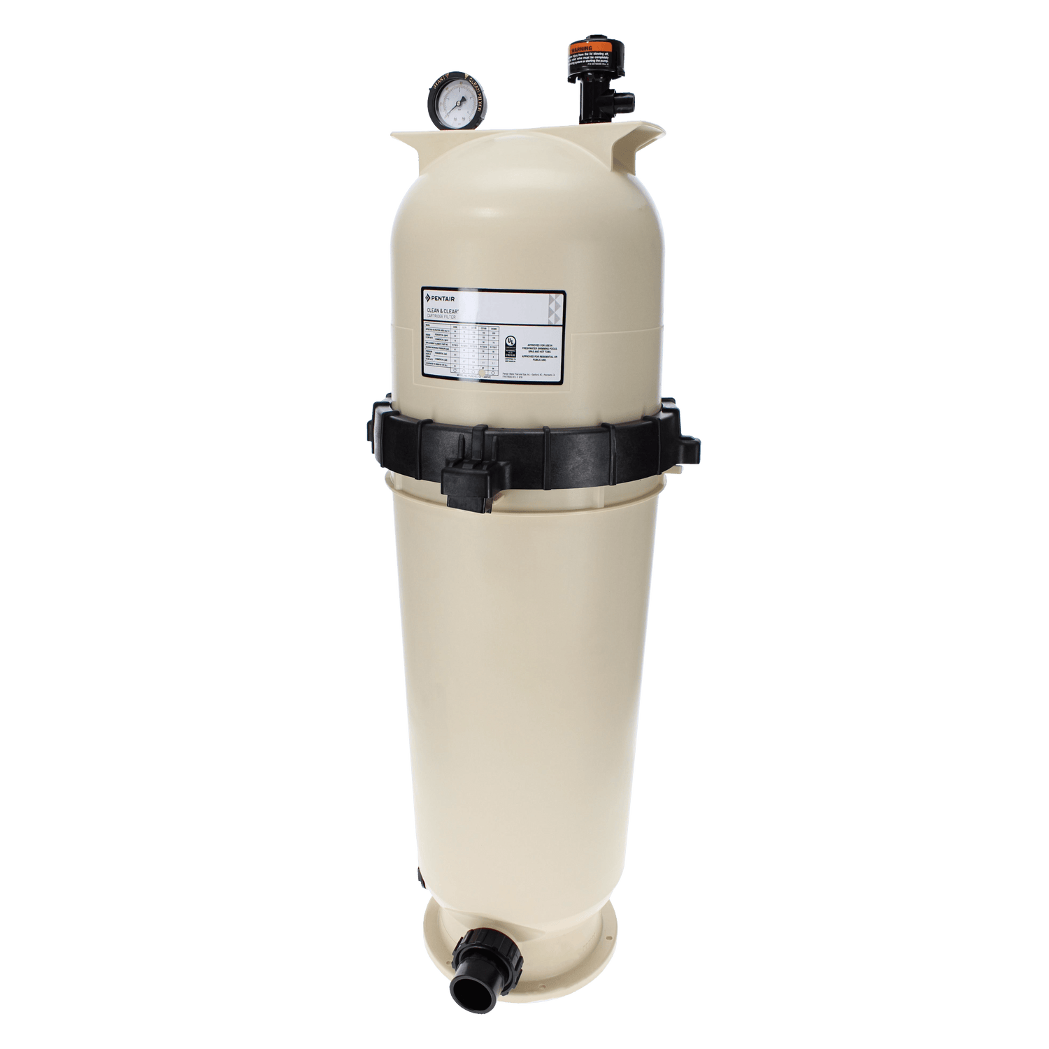 The Pentair Clean & Clear 150 sq ft Cartridge Filter (EC-160317) is a beige vertical pool filter featuring a top pressure gauge and a base inlet pipe against a white background.