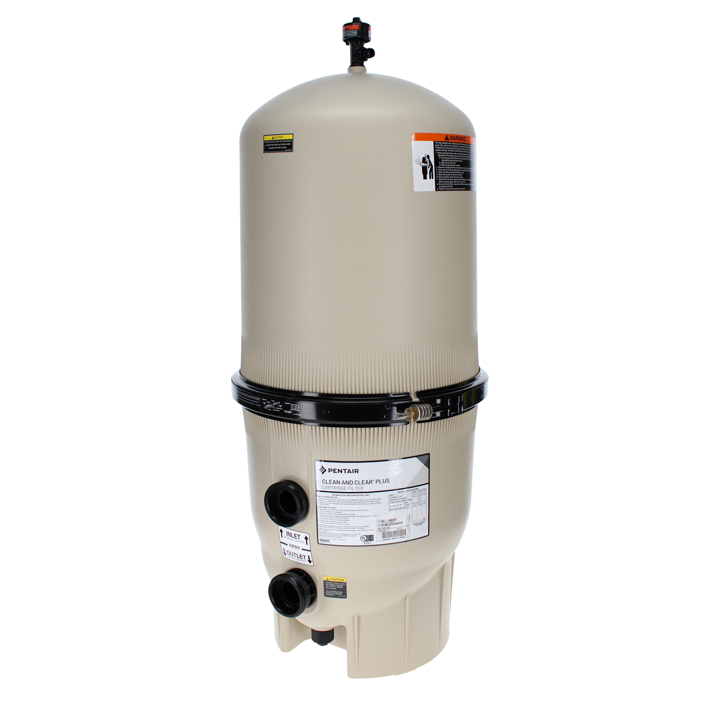 Vertical image of a Pentair Clean & Clear Plus 520 sq ft Cartridge Filter (EC-160332) showing its beige body with labeled cylindrical top, black clamp, and two base pipe connections for optimal pool filtration.