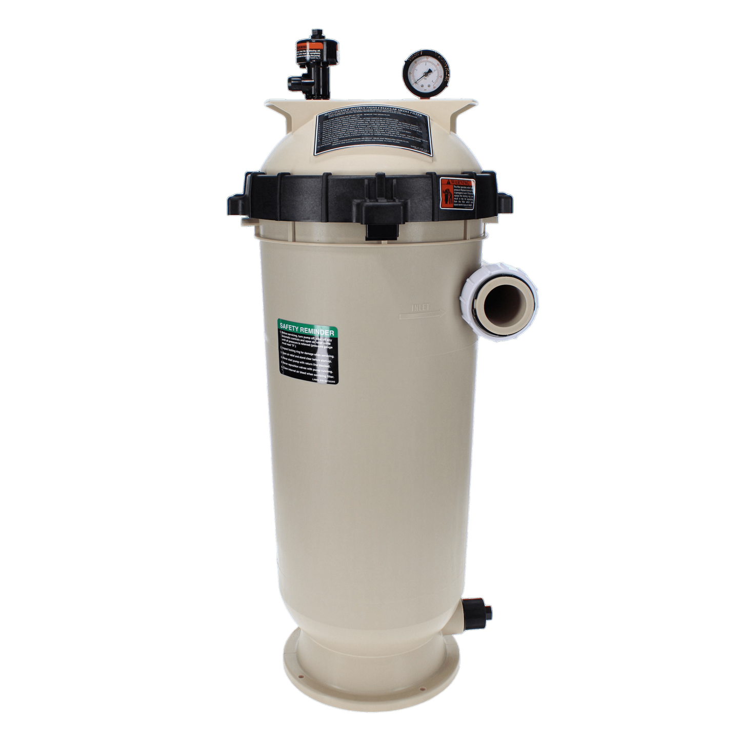 The Pentair Clean & Clear RP 100 sq ft Cartridge Filter (EC-160354) in beige with a black top, pressure gauge, and plumbing connections delivers optimal pool filtration.