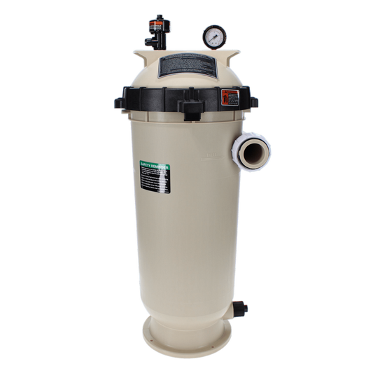 The Pentair Clean & Clear RP 100 sq ft Cartridge Filter (EC-160354) in beige with a black top, pressure gauge, and plumbing connections delivers optimal pool filtration.