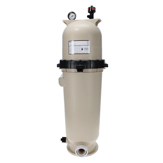 The Pentair Clean & Clear RP 150 sq ft Cartridge Filter (EC-160355) is a vertical beige pool filter with a black clamp band, top pressure gauge, and bottom pipe connections, providing efficient filtration against a pristine white background.