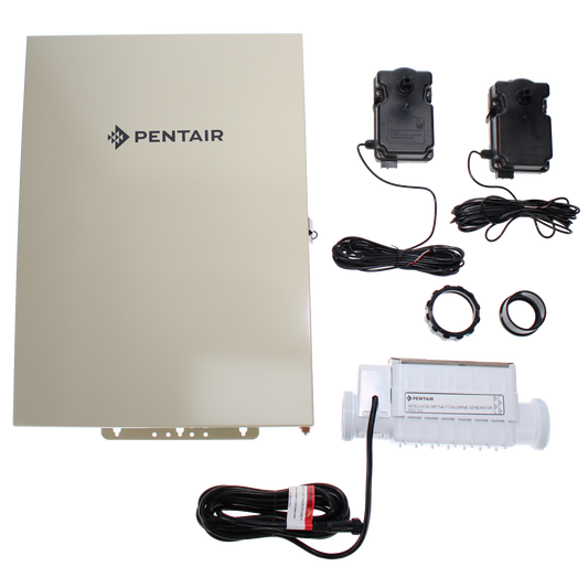 The Pentair EasyTouch Pool/Spa Control System with Salt Chlorine Generator & IC40 Cell (EC-520545) by Pentair includes a control panel, sensors, cables, chlorine cell, and connector rings—ideal for efficient pool and spa system integration.