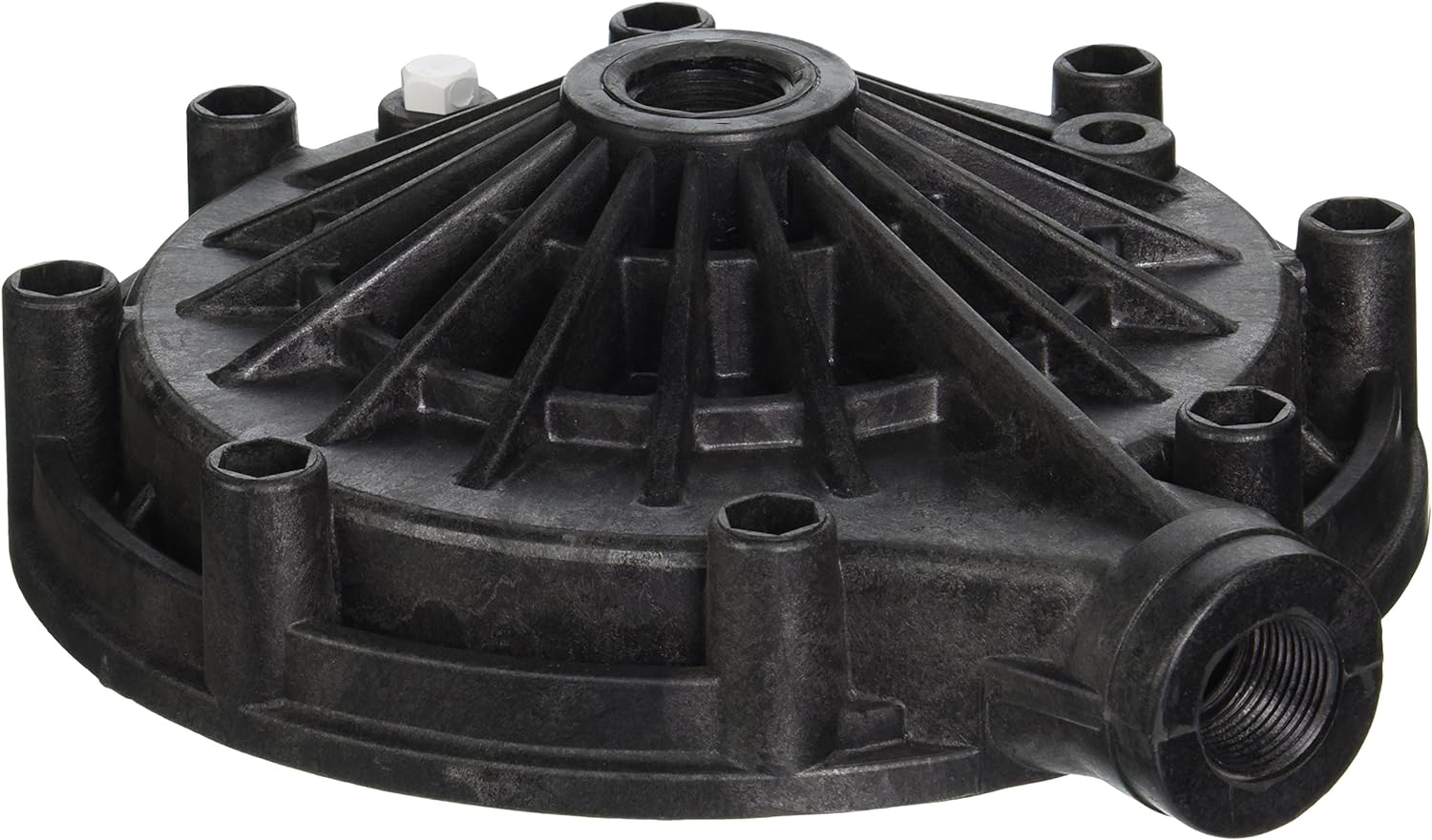 Pentair Letro Booster Pump Volute 3/4" w/ Drain Plug (LA39534) is a black circular mechanical part featuring radial ribs, multiple bolt holes, and a threaded side connector.
