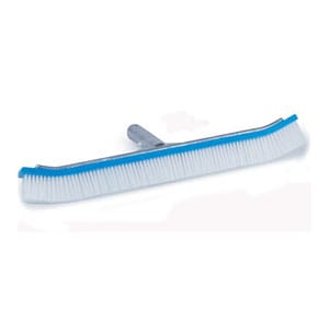 A Pentair #902 18" brush with aluminum bracket, clip, and curved bristles, featuring a long handle attachment in blue and white.