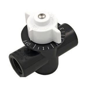 The Pentair 1/2" Feeder Control Valve (R172086Z) features a black plastic body and a white adjustable knob marked with numbers and "OFF" for control settings.