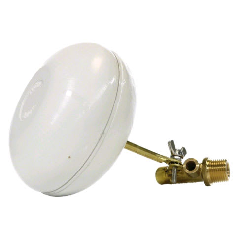 A Pentair 3/8″ MPT brass autofill float valve with a white plastic float and threaded fitting.