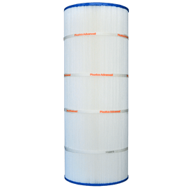 The Pleatco Filter Cartridge 120 sf Hayward Star-Clear Plus C-1200 | PA120, featuring a cylindrical design with white and blue ends and "Pleatco Advanced" bands, enhances cleaning performance with superior filtration media quality.
