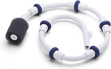 The Polaris 180/280/380/480 Sweep Hose Tail Complete | B5 has a white flexible hose with blue connectors and a black sponge filter, ideal for Polaris pressure-side pool cleaners.