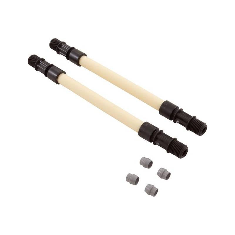 Two beige and black Pentair IntellipH Size C Pump Tubes, made of plastic with threaded ends, are accompanied by four small gray connectors. All are neatly arranged on a plain white background, similar to components in advanced Acid Dispenser Controllers.