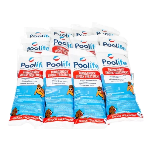 Eight packages of Pool Goods Poolife® TurboShock®, a powerful pool shock and algae remover, are neatly arranged in two rows on a white background.