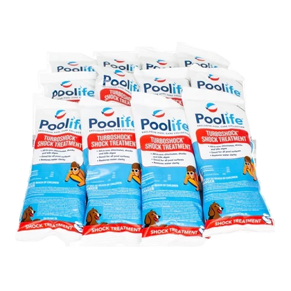 Eight packages of Pool Goods Poolife® TurboShock®, a powerful pool shock and algae remover, are neatly arranged in two rows on a white background.