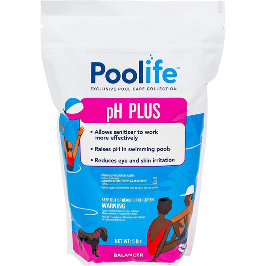 Poolife pH Plus 5 lb bag, Product #62116, raises pool pH levels, improves sanitizer efficiency, and reduces eye and skin irritation.