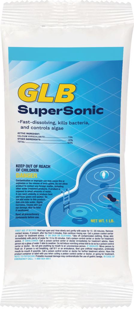 The GLB Supersonic 73% Cal Hypo Granular Chlorine Shock, 1 lb bag, is a premium pool treatment that dissolves quickly to clean pools by eliminating bacteria and controlling algae.