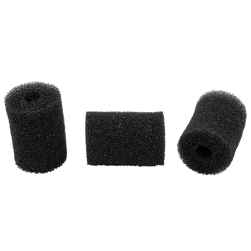 Polaris SWEEP HOSE SCRUBBER 3/PK (R0522400) by Polaris—three black cylindrical foam filter sponges, ideal as sweep hose scrubbers for effective pool cleaning, shown on a white background.