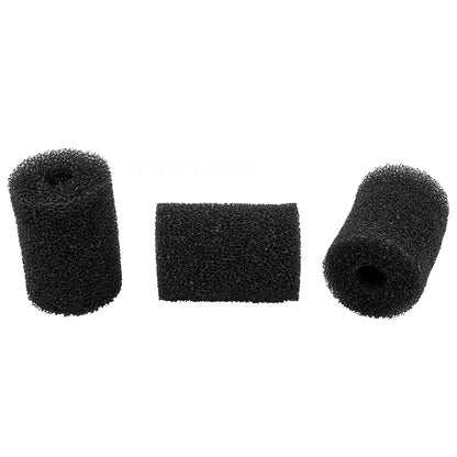 Polaris SWEEP HOSE SCRUBBER 3/PK (R0522400) by Polaris—three black cylindrical foam filter sponges, ideal as sweep hose scrubbers for effective pool cleaning, shown on a white background.