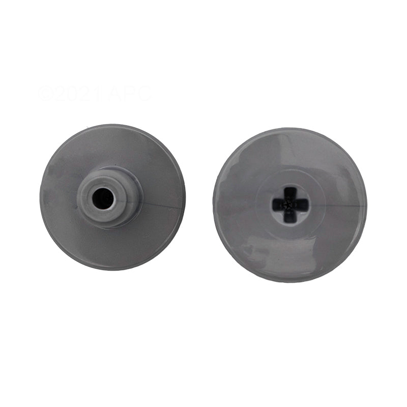 Two round, gray plastic caps are shown side by side—one with a central hole and one with a cross-shaped opening—perfect as Polaris Quattro Sport Retainer Screw replacements (Polaris, 2/Pack, R0838800).