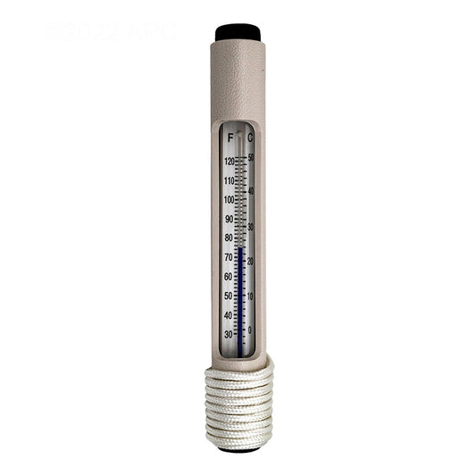 The Pentair #127 Rainbow Economy Thermometer (R141036) by Pentair features a cylindrical design, vertical Fahrenheit and Celsius scale, white casing, and threaded metal base for pool temperature monitoring.