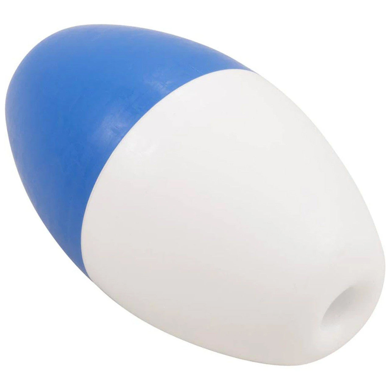 The Pentair Rainbow #590 Polyethylene Rope Float (5" x 9" oval, blue/white, R181086) is an oval-shaped flotation float with a hole at one end.