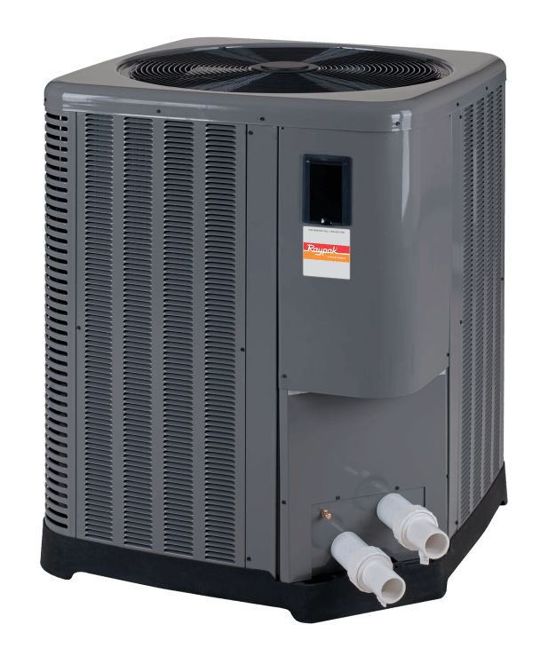 Raypak Digital Pool Heat/Cool Pump 140,000 BTU 240V | 016037 features a fan on top, titanium heat exchanger, and bottom pipe connections.