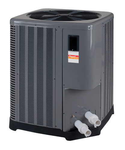 Raypak Digital Pool Heat/Cool Pump 140,000 BTU 240V | 016037 features a fan on top, titanium heat exchanger, and bottom pipe connections.