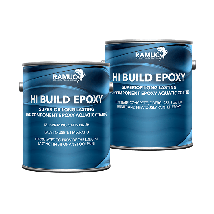 Two cans of Ramuc EP Hi-Build Premium Epoxy Pool Paint, Dawn Blue (2 gal), ideal for coating concrete, fiberglass, and plaster pool surfaces, provide outstanding stain resistance.