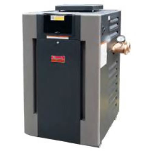 The Raypak B-R406A-EN-C Digital Natural Gas Pool Heater boasts a black front panel, gray sides, and a right-side pressure gauge, showcasing innovative technology similar to advanced industrial boilers.