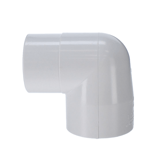 The Sch. 40 PVC Street Elbow 2 in. Spigot x Slip by PVCFittings, model 409-020, features a white 90-degree elbow design on a plain background and is crafted from durable Schedule 40 PVC for performance reliability.