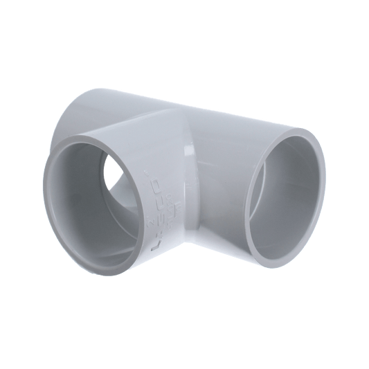 The PVCFittings Sch. 40 PVC Tee 2 in. Slip is a gray T-joint fitting for connecting three pipe sections with a durable design ideal for sturdy plumbing.