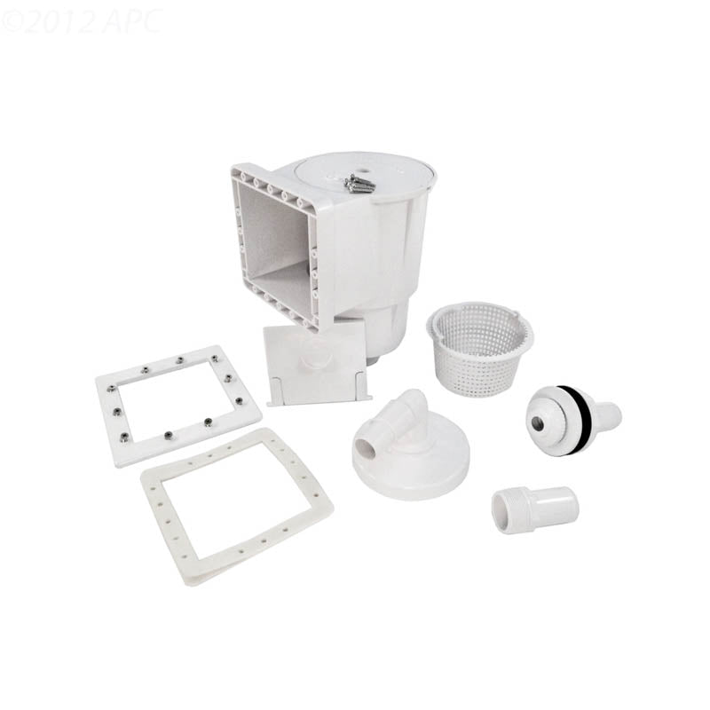 The HAYWARD A/G Skimmer for Vinyl w/ Accessory Kit (SP1091LX) includes a skimmer body, basket, fittings, gaskets, and faceplate—all arranged on a plain background.