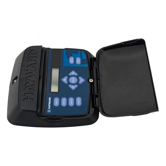 A Hayward Variable Speed Pump Display (SPX3200LCD) by Hayward, with a blue keypad and digital control display, is mounted in an open protective black plastic case.