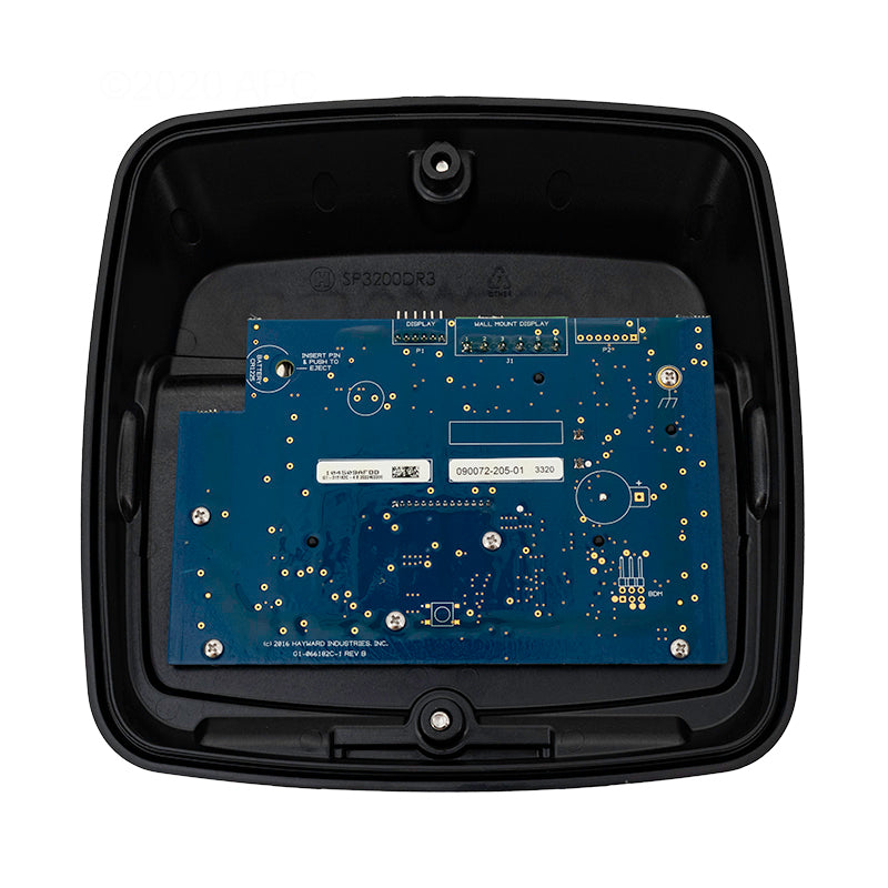 A blue PCB with electronic components and connectors is mounted in a black case, shown from above, for the Hayward Variable Speed Pump Display (SPX3200LCD) by Hayward.