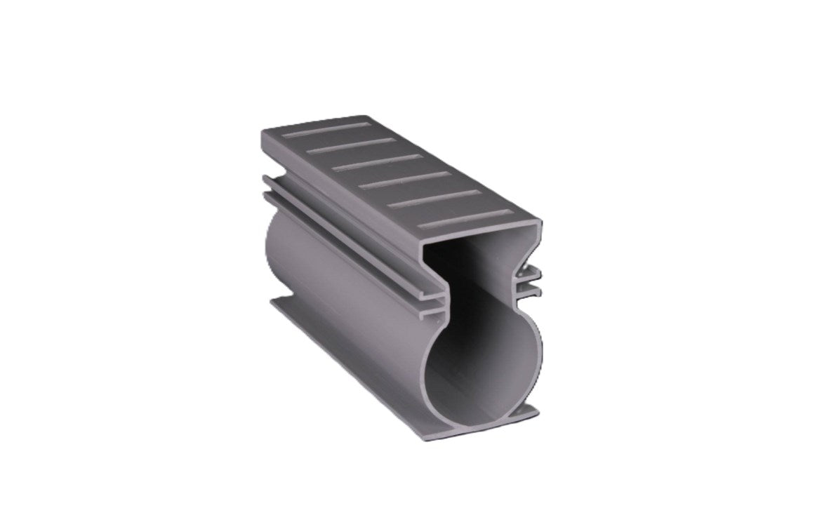 The Pool Goods Stegmeier Super Drain Grey (10', 8 per box) features a gray, rectangular hollow plastic profile with a semi-circular channel and ribbed surface, ideal for round drain designs and maximum flow capacity.