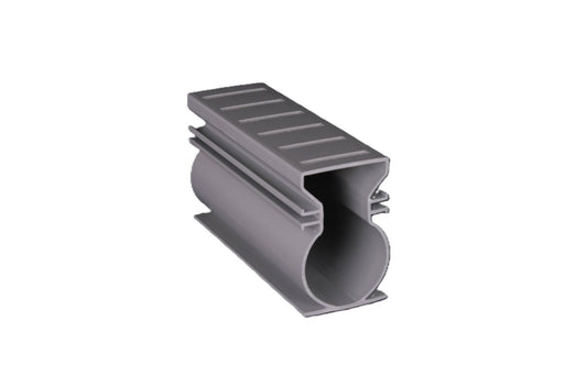 The Pool Goods Stegmeier Super Drain Grey (10', 8 per box) features a gray, rectangular hollow plastic profile with a semi-circular channel and ribbed surface, ideal for round drain designs and maximum flow capacity.