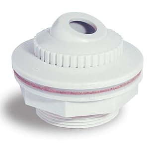 The Swimline Standard Return Fitting (8949) features a white, round plastic design with a threaded base, central adjustable opening, and pink gasket-like ring, ideal for complete return fitting in above-ground pools.