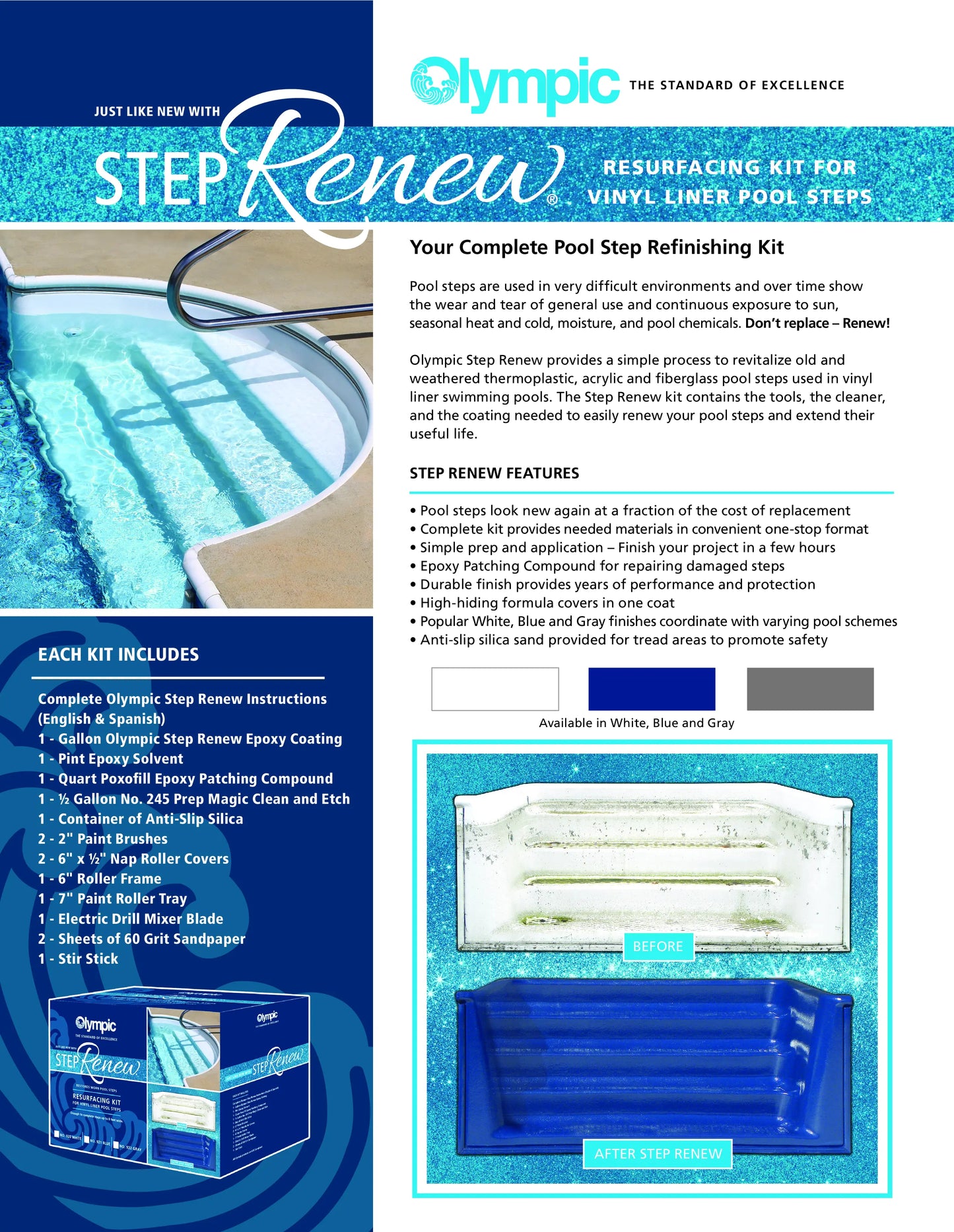 Olympic Step Renew Kit White Finish Includes Tools, Cleaner, And Coating To Resurface Plastic And Fiberglass Steps For Vinyl Liner Pools Up To 8 Ft Wide | 920