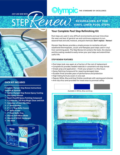 Olympic Step Renew Kit White Finish Includes Tools, Cleaner, And Coating To Resurface Plastic And Fiberglass Steps For Vinyl Liner Pools Up To 8 Ft Wide | 920