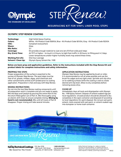 Olympic Step Renew Kit Blue Finish Includes Tools, Cleaner, And Coating To Resurface Plastic And Fiberglass Steps For Vinyl Liner Pools Up To 8 Ft Wide | 921