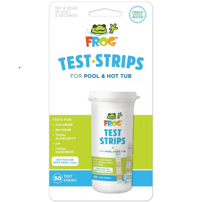 King Tech Frog Test Strips, 50 Strips (01-14-3318) by Frog, offer tests for chlorine, bromine, alkalinity, pH, and total hardness. Suitable for any sanitizing system, these strips help maintain your pool or spa's balance efficiently.