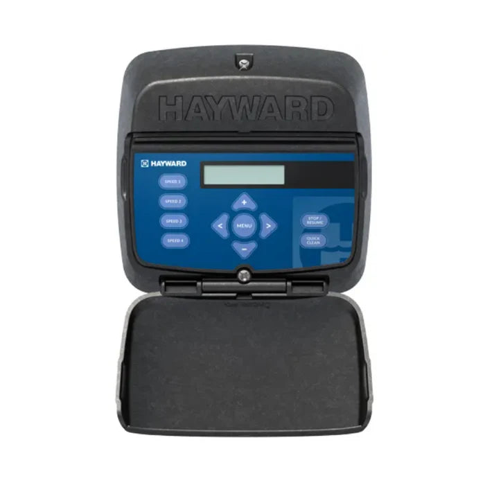 The HAYWARD PUMP-TRISTAR VS, 2.7 THP (W3SP3206VSP) pool control panel features a digital display and buttons in a black protective casing with an open lid for easy pump management.