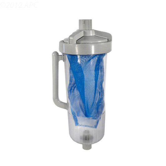 The Hayward Large Capacity Leaf Canister (W530) by Hayward is shown against a white background, featuring a plastic canister with handle and internal blue mesh net for collecting pool debris.