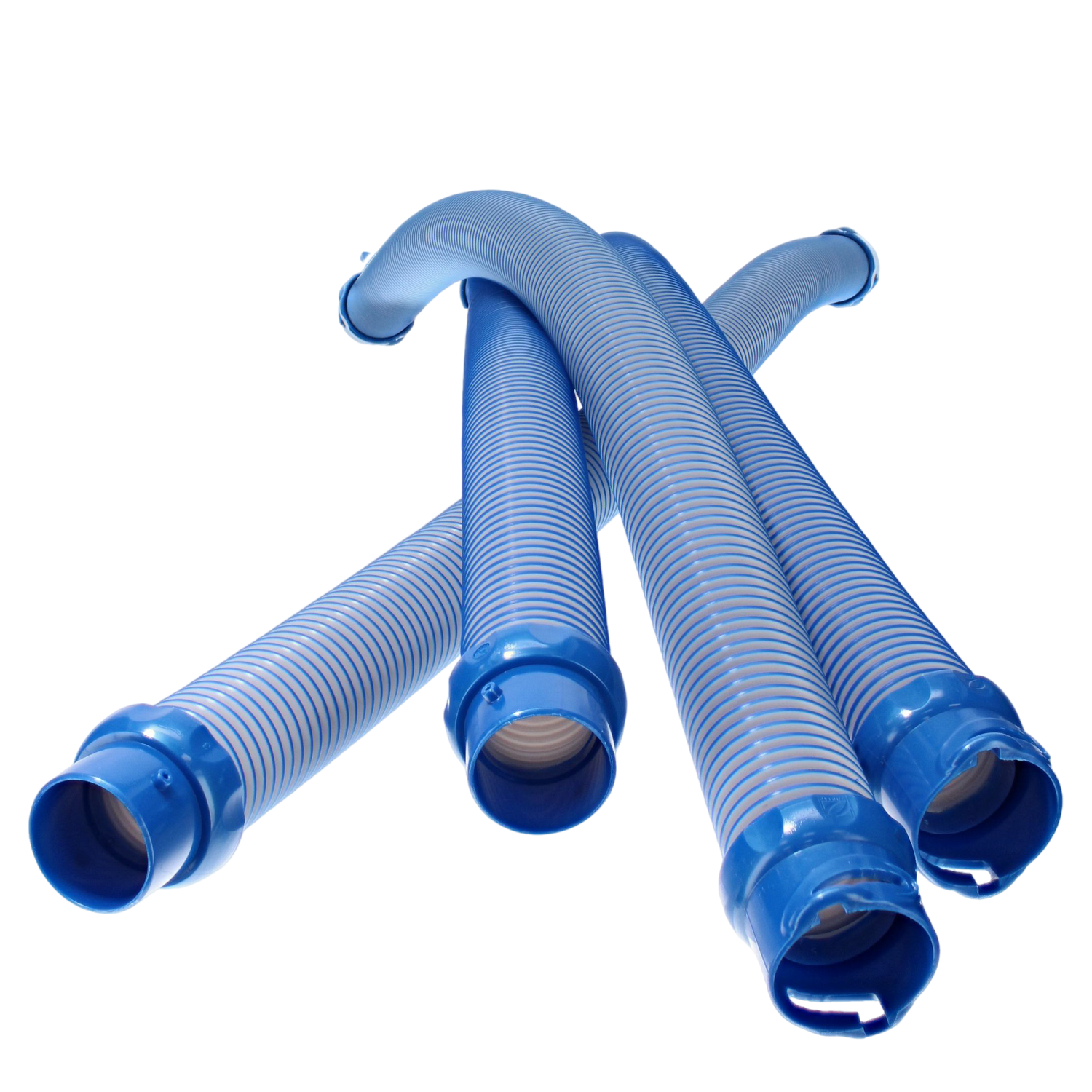 Three Zodiac 1 Meter Twist Lock Hoses from the Replacement Kit (R0527800) in blue with coiled patterns elegantly cross each other on a black background.