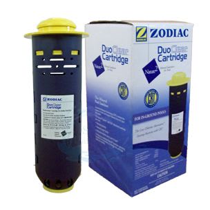 The Nature2 DuoClear 25 Replacement Cartridge (W28000) is displayed alongside its packaging, showcasing its cylindrical design with yellow ends. The box highlights brand details and product information, noting compatibility with the Nature2 Fusion Mineral Replacement Cartridge for an enhanced pool experience.
