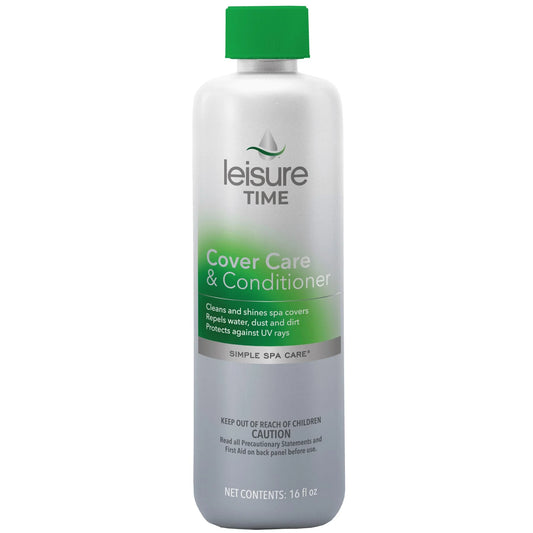 A 1-pint Leisure Time Spa Cover Care & Conditioner bottle, model 3192A, with a green cap, cleans and shines spa covers, offers UV protection, repels dust, and preserves vinyl surfaces.