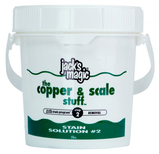 Plastic container of Jacks Magic Stain Solution #2 Metal Remover, 5 lb Pail (JMCOPPER5), ideal for removing copper stains from pool surfaces.