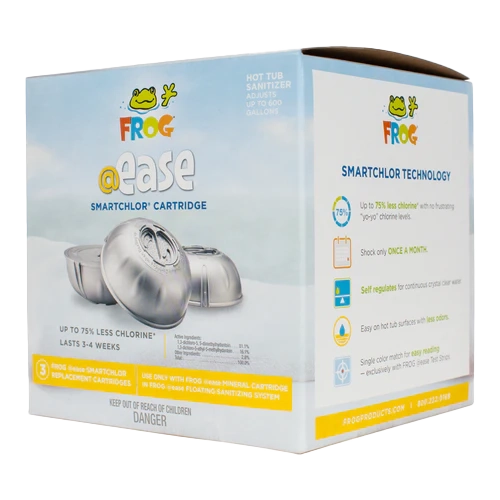 A box of Frog @ease smartchlor | 01-14-3258 replacement cartridges for efficient hot tub sanitization, with product images and details on chlorine levels and usage.
