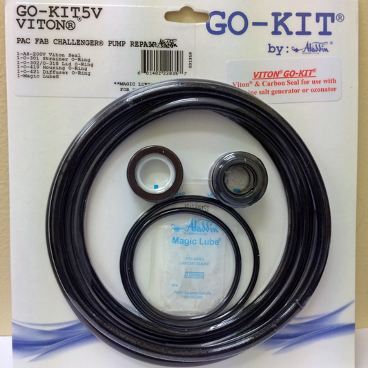 The Aladdin GO-KIT5 for Pentair Challenger Pump includes O-rings, seals, and Magic Lube on a labeled cardboard backing. Ideal for easy replacement of essential parts to keep your pool pump running smoothly.