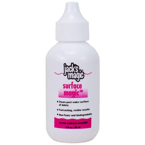 The Jacks Magic Surface Magic, 2 oz (JMSURFACE02), comes in a white bottle with pink text. It efficiently cleans pool surfaces by swiftly removing debris with a non-toxic, biodegradable formula for an eco-friendly touch.