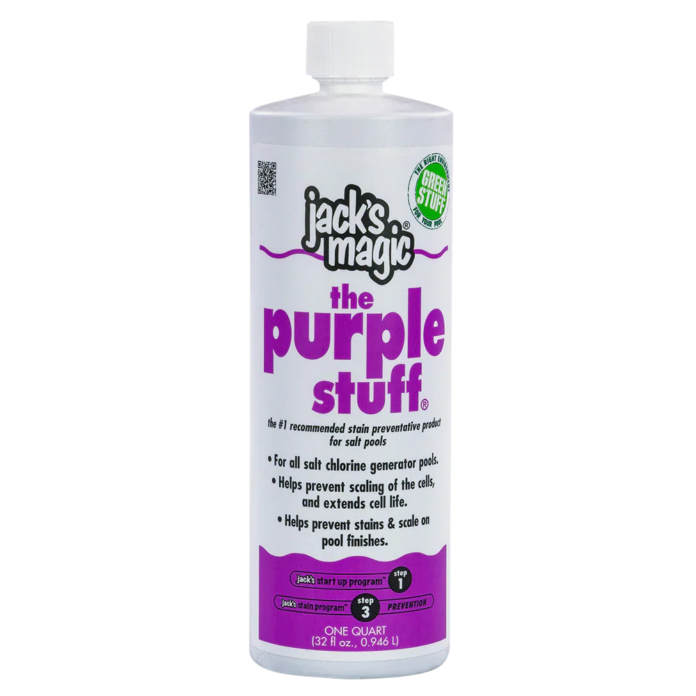 JacksMagic Jacks Magic Purple Stuff Salt Solution, 32 oz (JMPURPLE032), offers stain prevention and benefits for pools with salt generators.