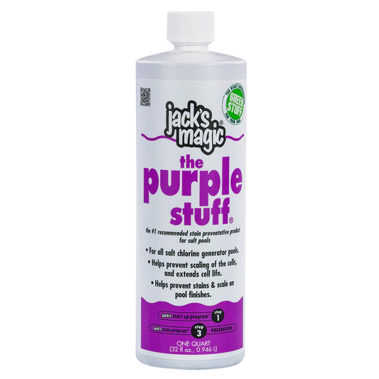 JacksMagic Jacks Magic Purple Stuff Salt Solution, 32 oz (JMPURPLE032), offers stain prevention and benefits for pools with salt generators.