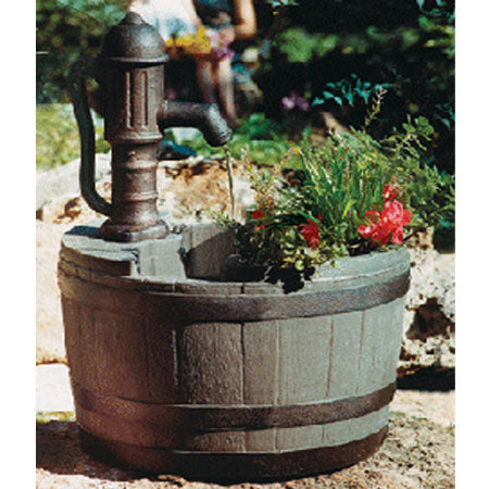 WHISKEY BARREL PLANTER FOUNTAIN WEATHERED WOOD